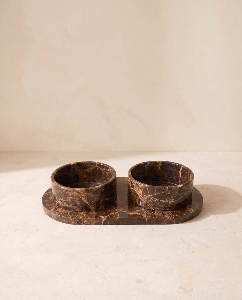 Dark Emperador marble pet bowl set on a pale limestone floor