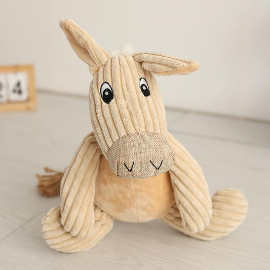 Corda corduroy dog toy, donkey figure, in soft daylight