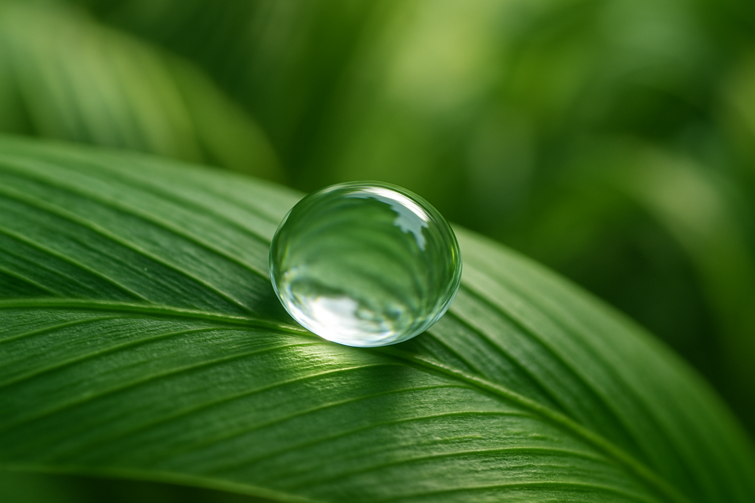 A drop of clear liquid on a green palm leaf, symbolizing natural ingredients