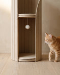 Load image into Gallery viewer, Floor-level view of ARCHE in Cream, with a ginger cat stepping toward the lower alcove and the pom-pom toy hanging inside
