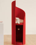Load image into Gallery viewer, ARCHE in Coral Red, full product view with a white cat on the upper perch and the pom-pom toy in the lower alcove
