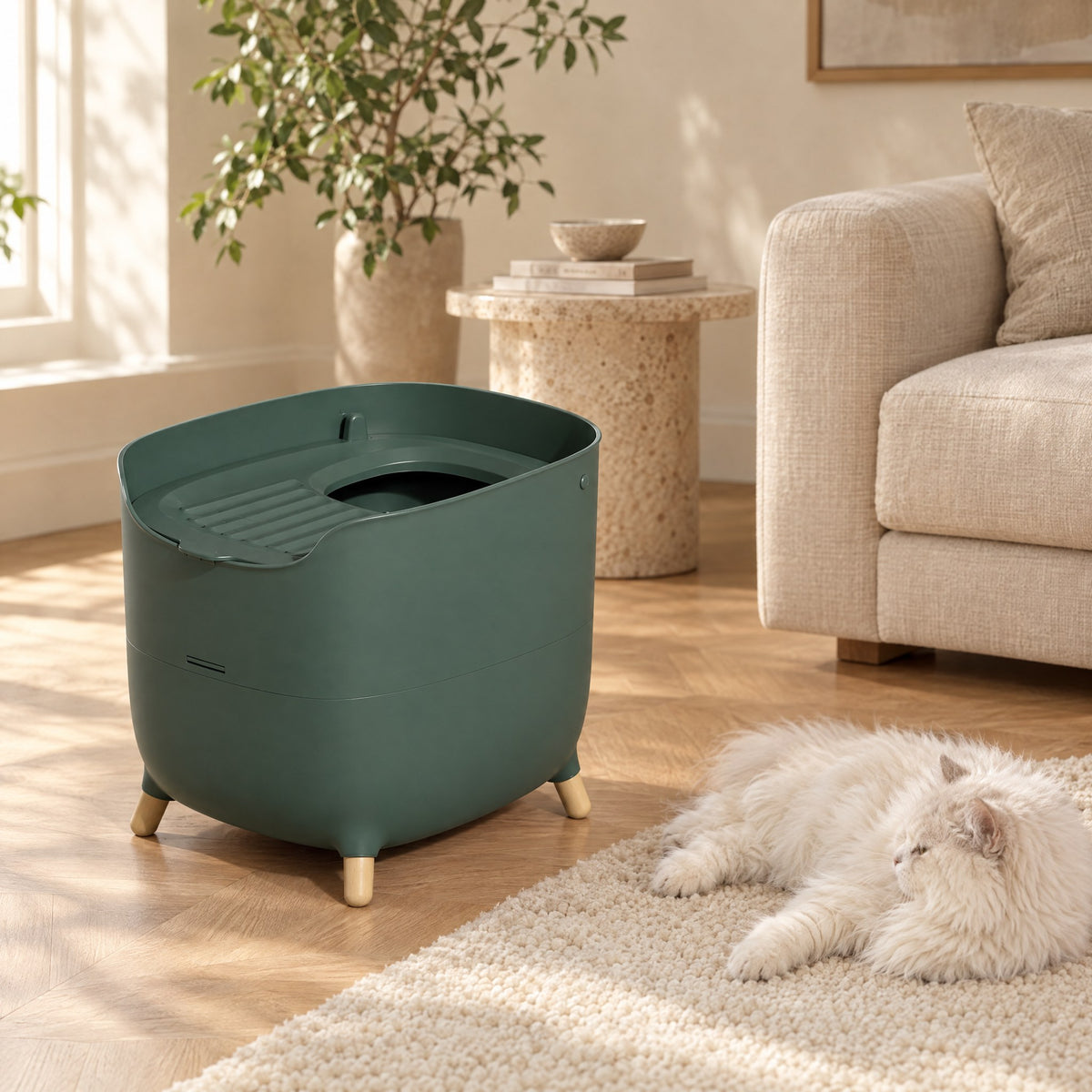 Contemporary Cat Litter Box in Forest in a sunlit living room beside a white cat