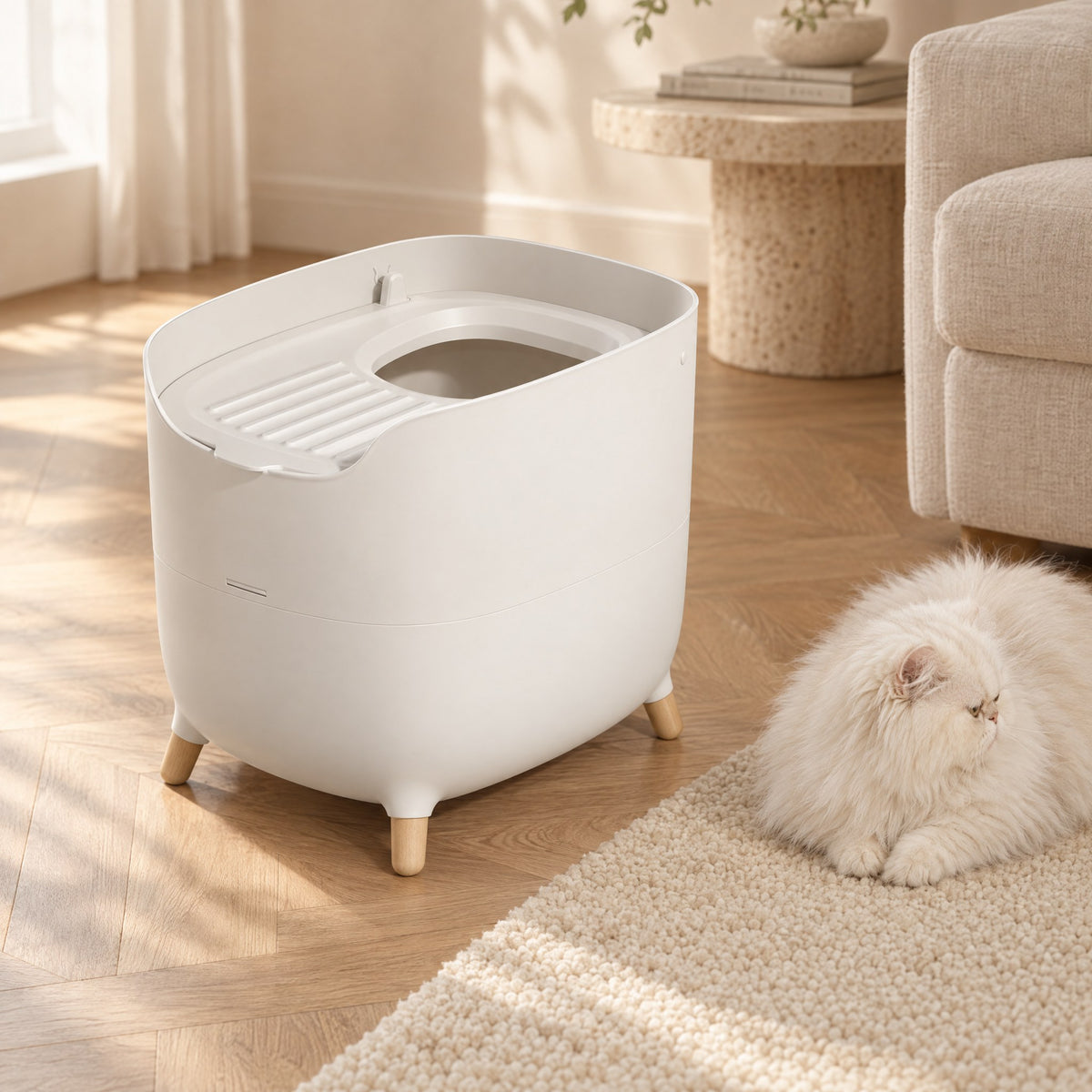 Contemporary Cat Litter Box in White in a sunlit living room beside a white cat
