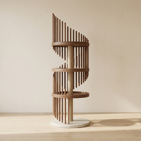 The Helix spiral cat tree in walnut on a white stone base