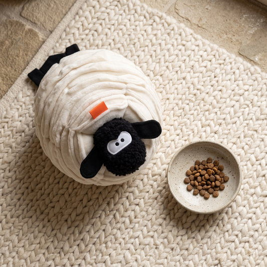 Lana snuffle toy on a cream wool rug beside a ceramic dish of kibble, seen from above