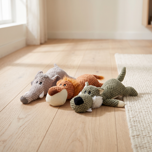 Selva flat dog toys on a pale oak floor beside a cream rug in soft daylight