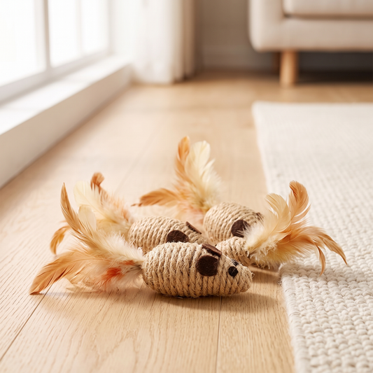 Topini sisal mice on a pale oak floor beside a cream rug