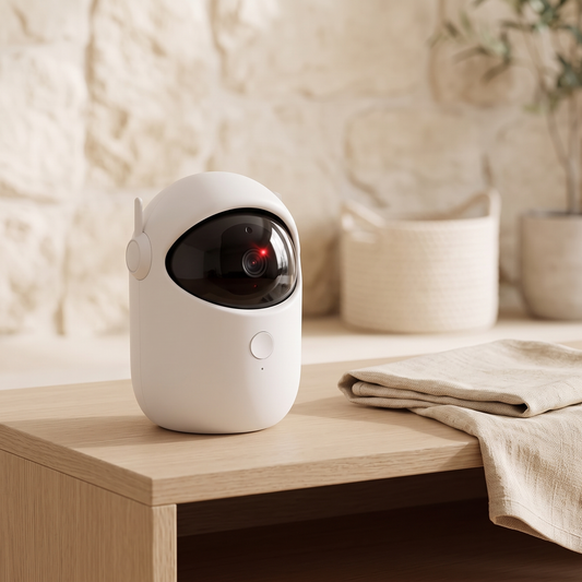 Faro automatic laser on a pale oak surface beside folded linen