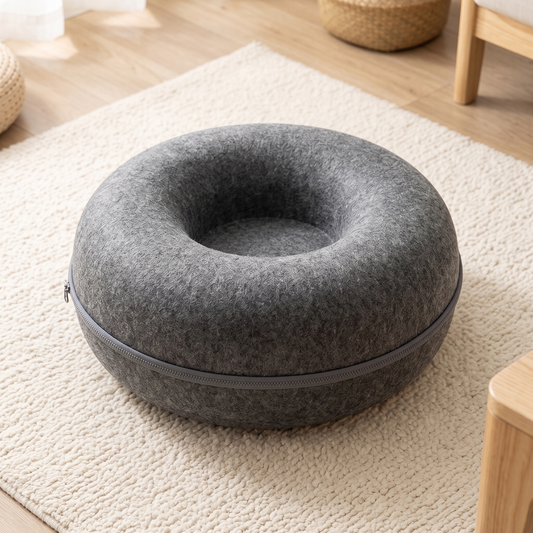 Anello felt bed and tunnel on a cream wool rug seen from above