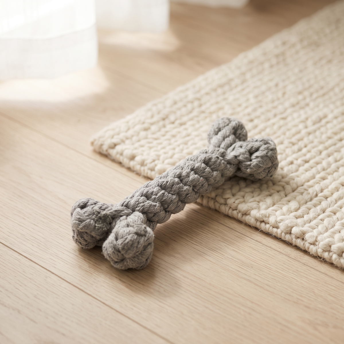 Nodo knotted cotton rope bone on a pale oak floor beside a cream rug