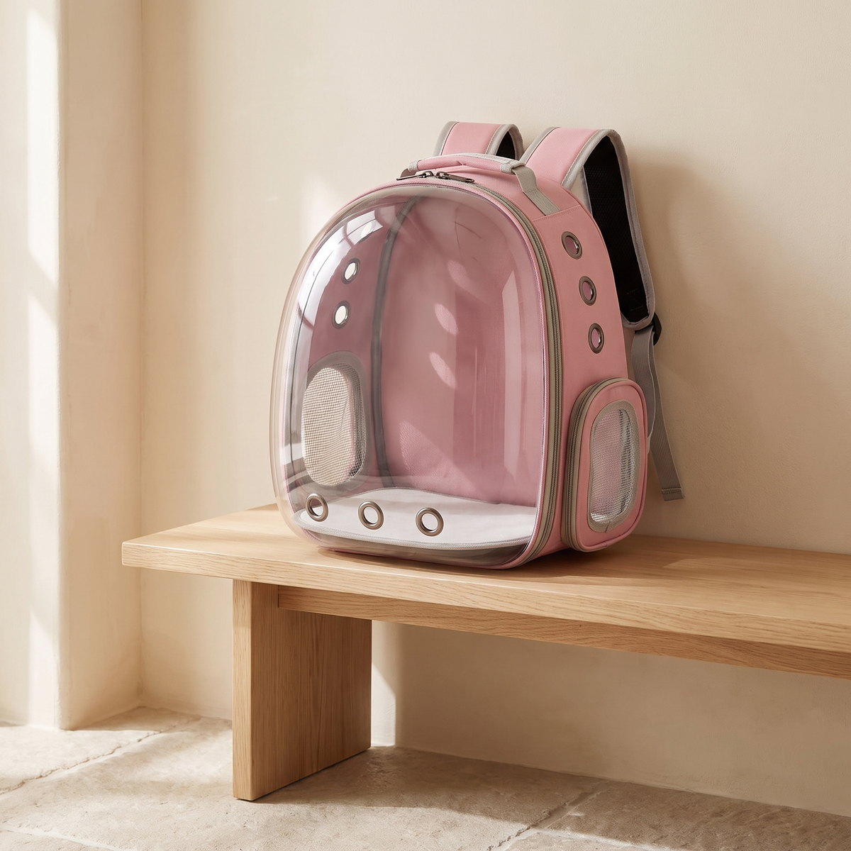Vista Pet Carrier upright on a pale oak entryway bench in morning light