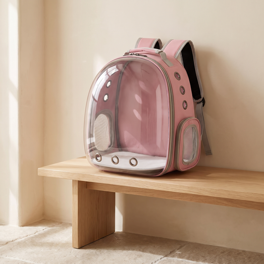 Vista Pet Carrier upright on a pale oak entryway bench in morning light