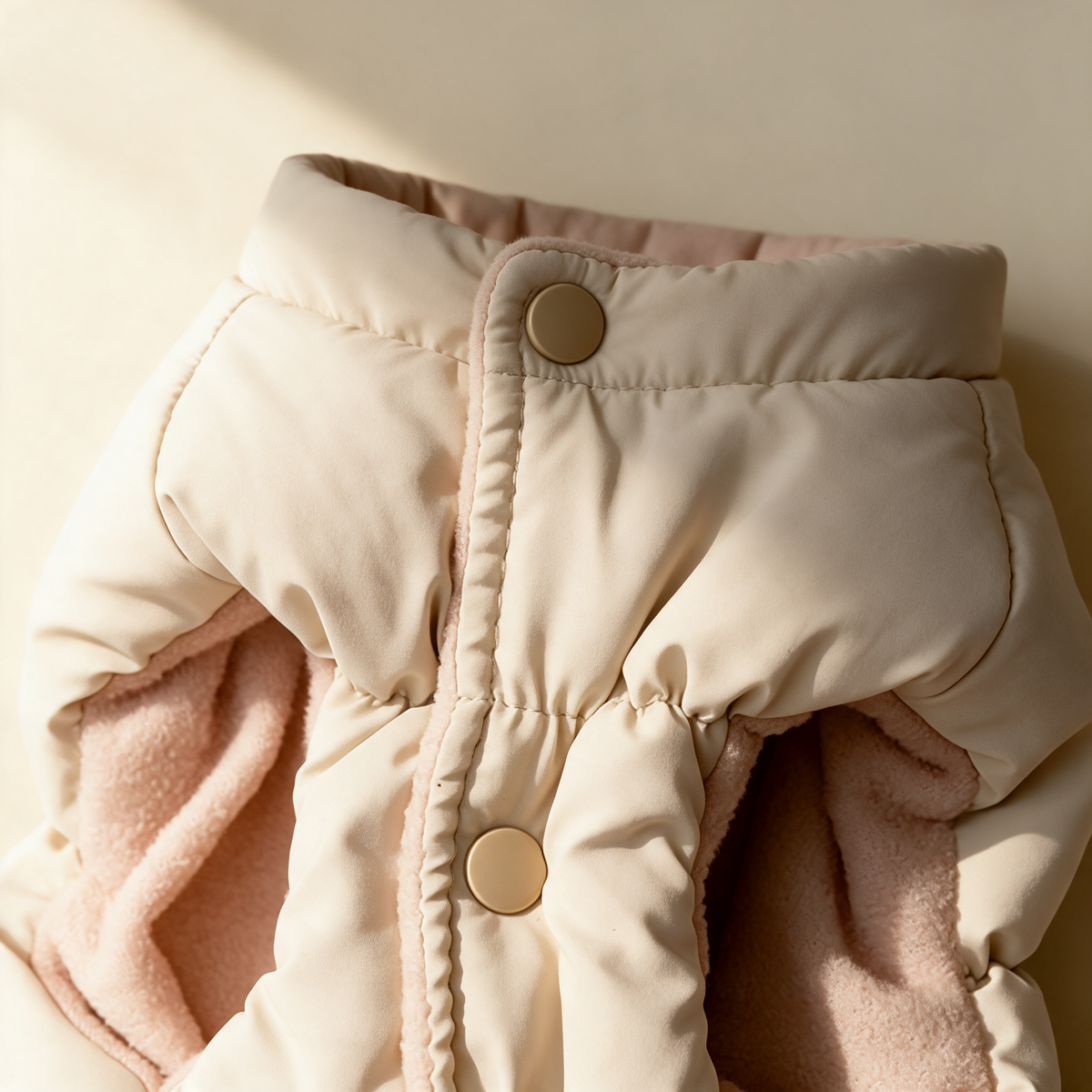Close view of the Chamonix Quilted Coat stand collar, snap closure and brushed fleece lining