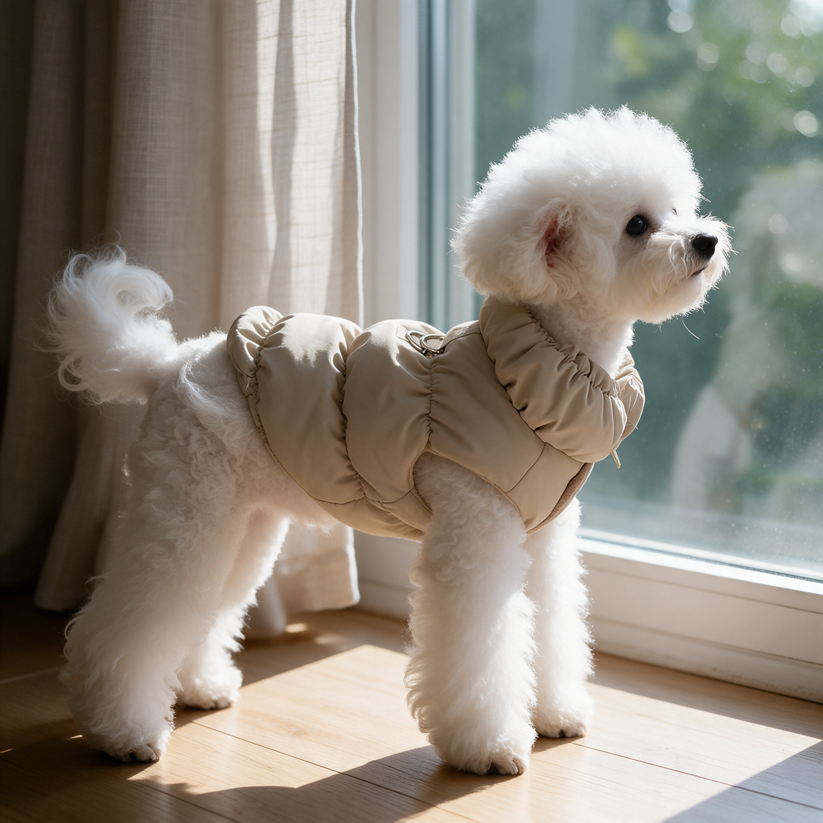 Small white curly-coated dog in the Chamonix Quilted Coat, standing in profile at a sunlit window