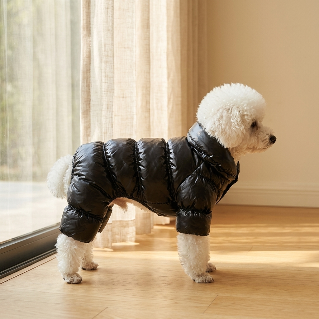 Small white dog in the black Verbier Puffer Suit standing at a sunlit window
