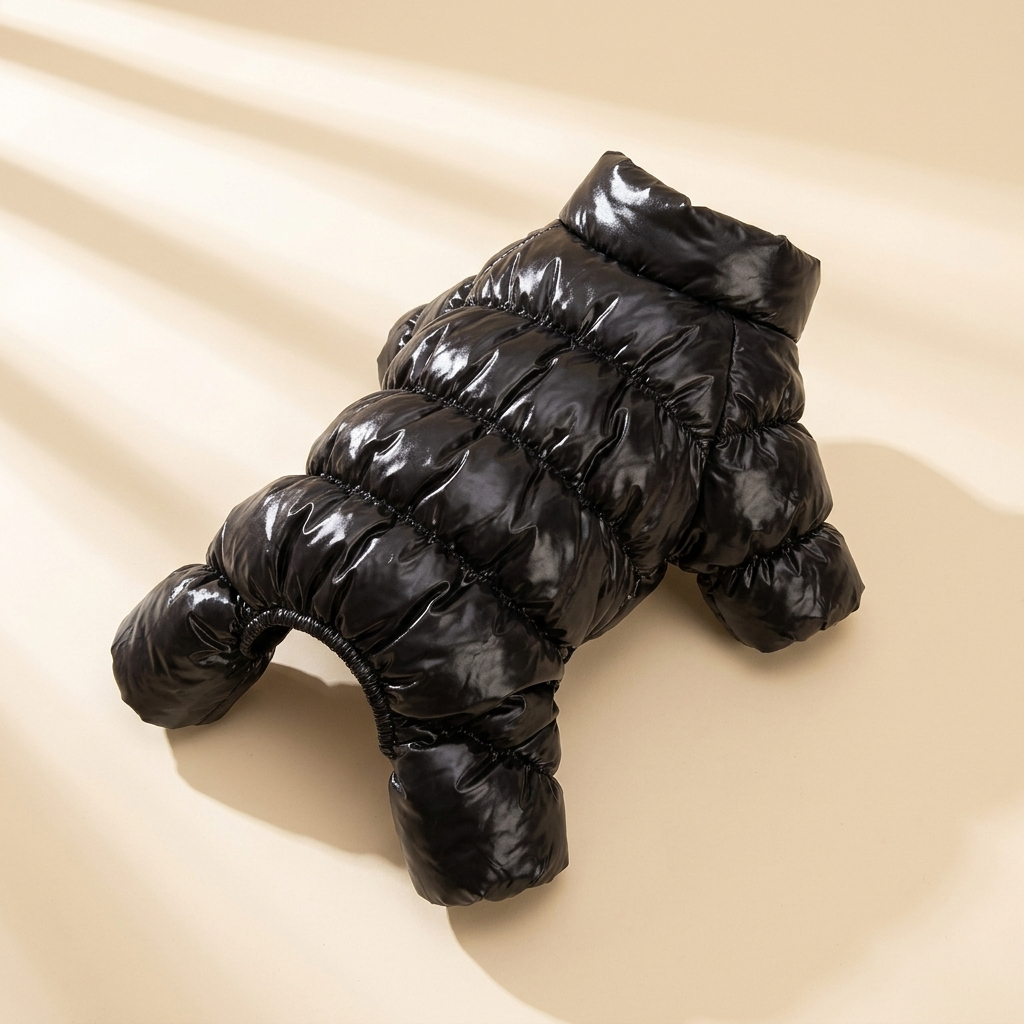 Verbier Puffer Suit in black laid flat on a cream background
