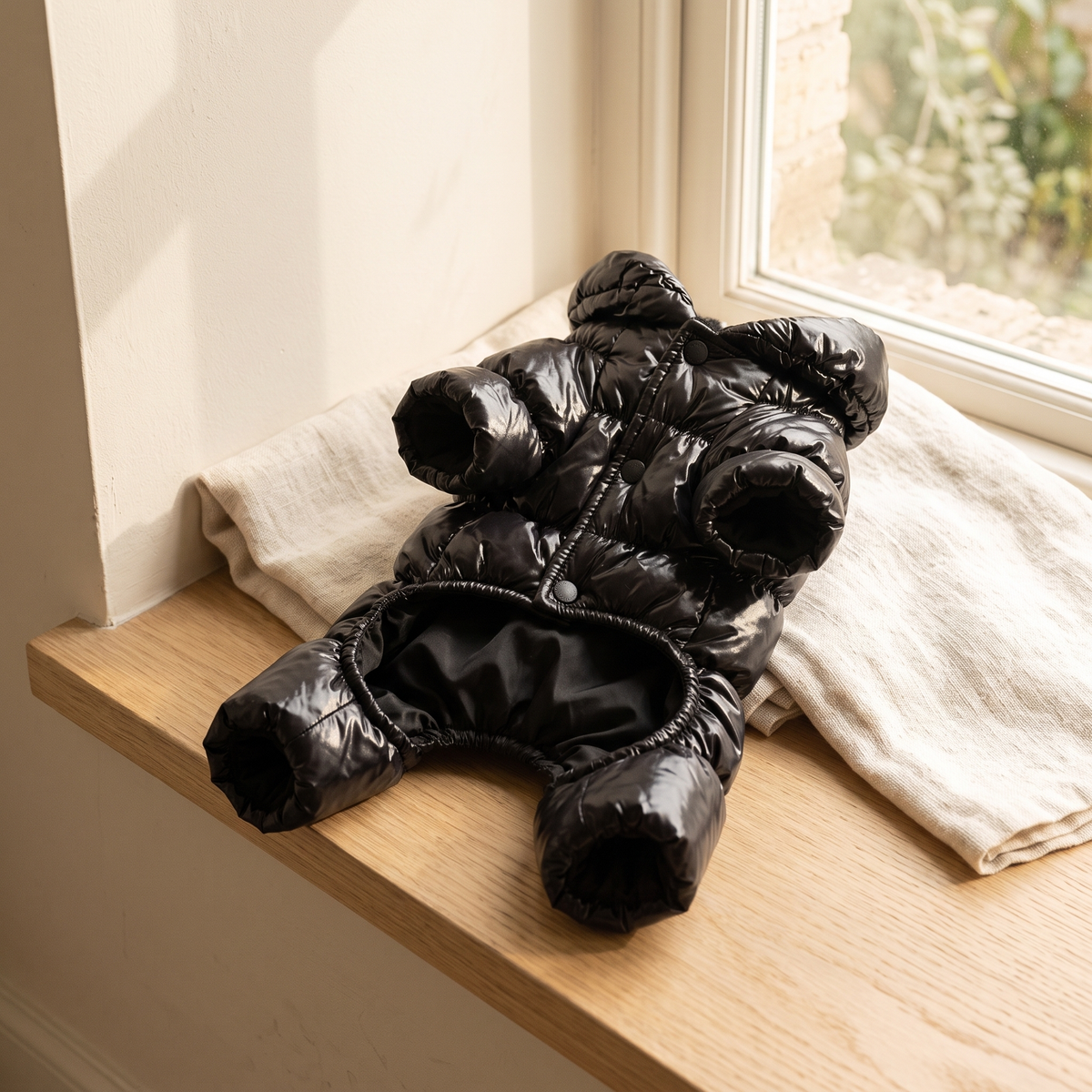 Verbier Puffer Suit in black on an oak window seat beside a linen throw