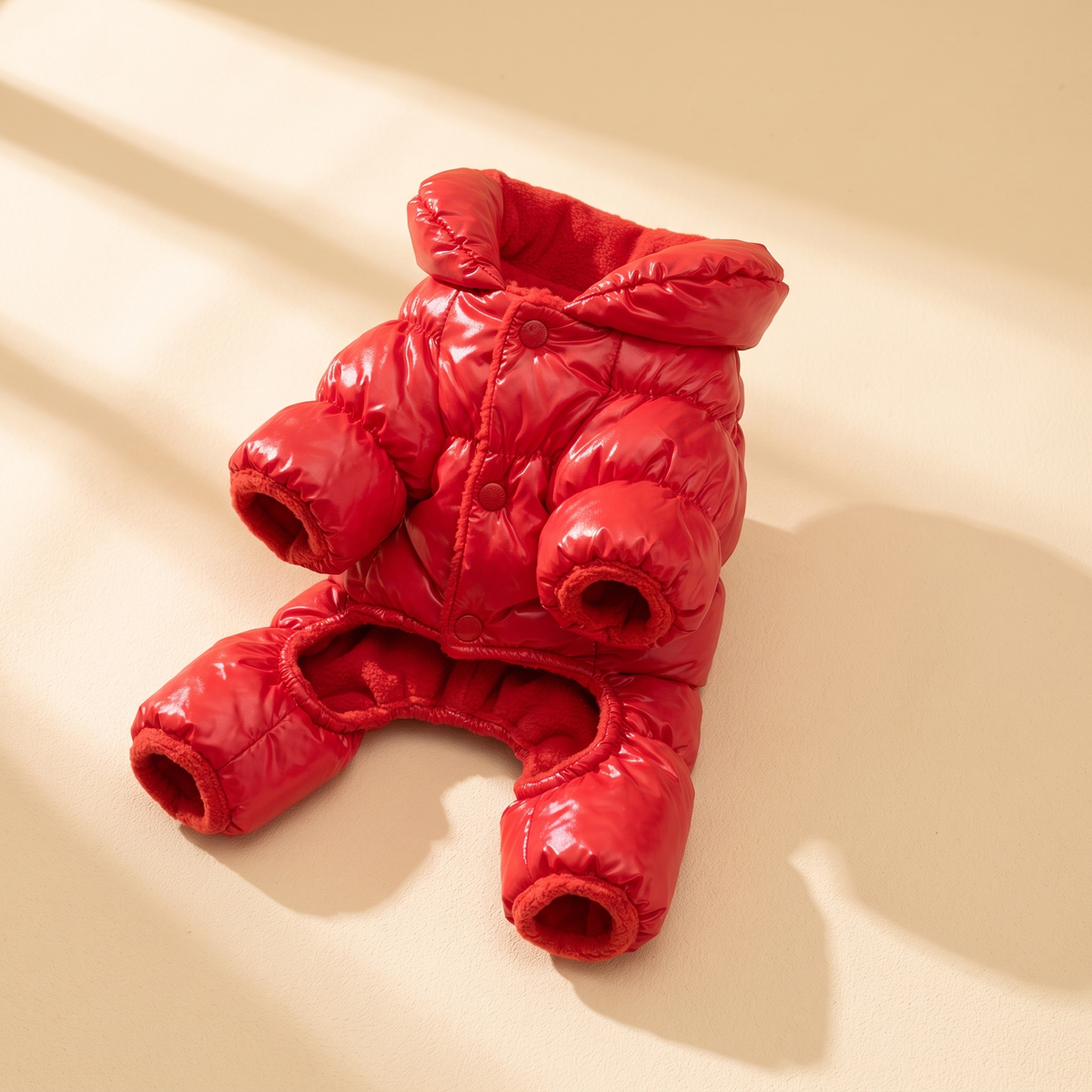 Verbier Puffer Suit in red laid flat on a cream background