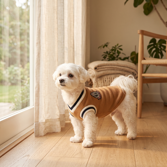 Small white dog in the camel Cortina Varsity Knit by a sunlit window