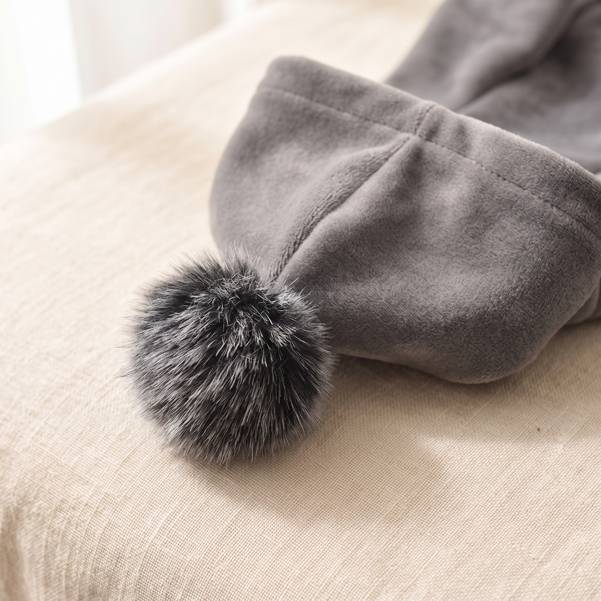 Close view of the Gstaad Velour Hoodie hood and pompom