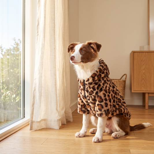 Dog in the St. Moritz Leopard Hoodie sitting by a sunlit window