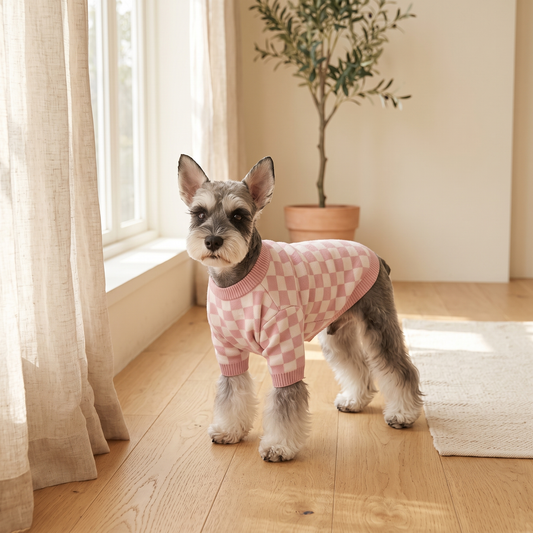 Schnauzer in the Courchevel Check Sweater standing by a sunlit window