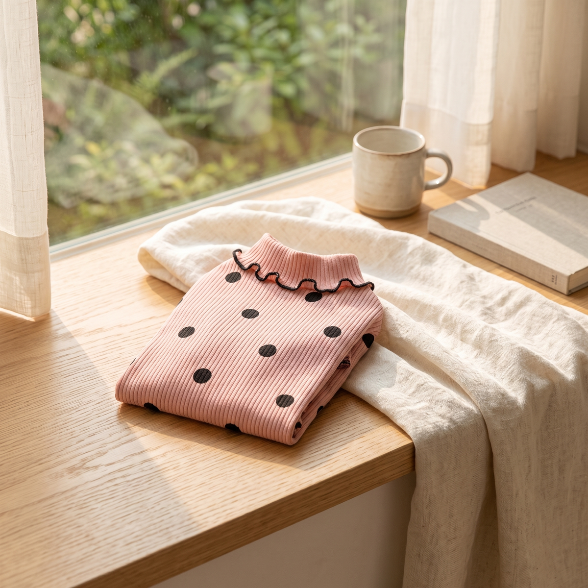 Megève Dot Knit in pink folded on an oak window seat