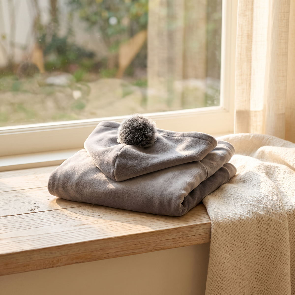 Gstaad Velour Hoodie in gray folded on an oak window seat