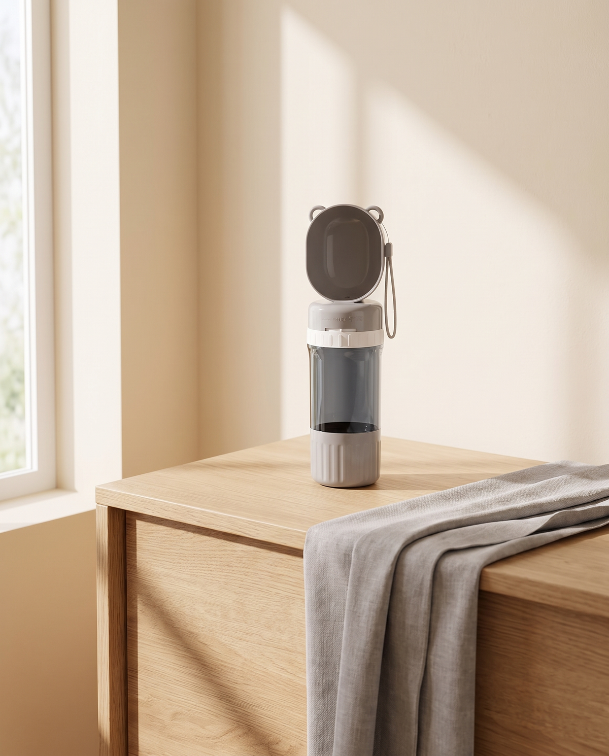 Arno Travel Bottle on a pale oak console beside a folded linen runner