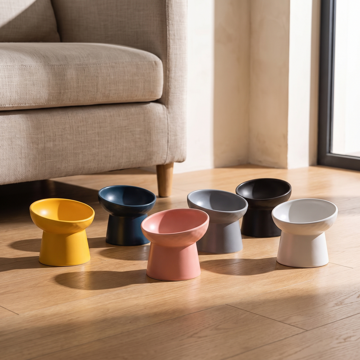 All six Pendio glazes together on an oak floor in afternoon light