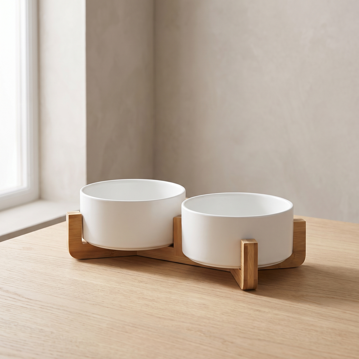Coppia Bowl Set in White, two ceramic bowls in a low oak frame