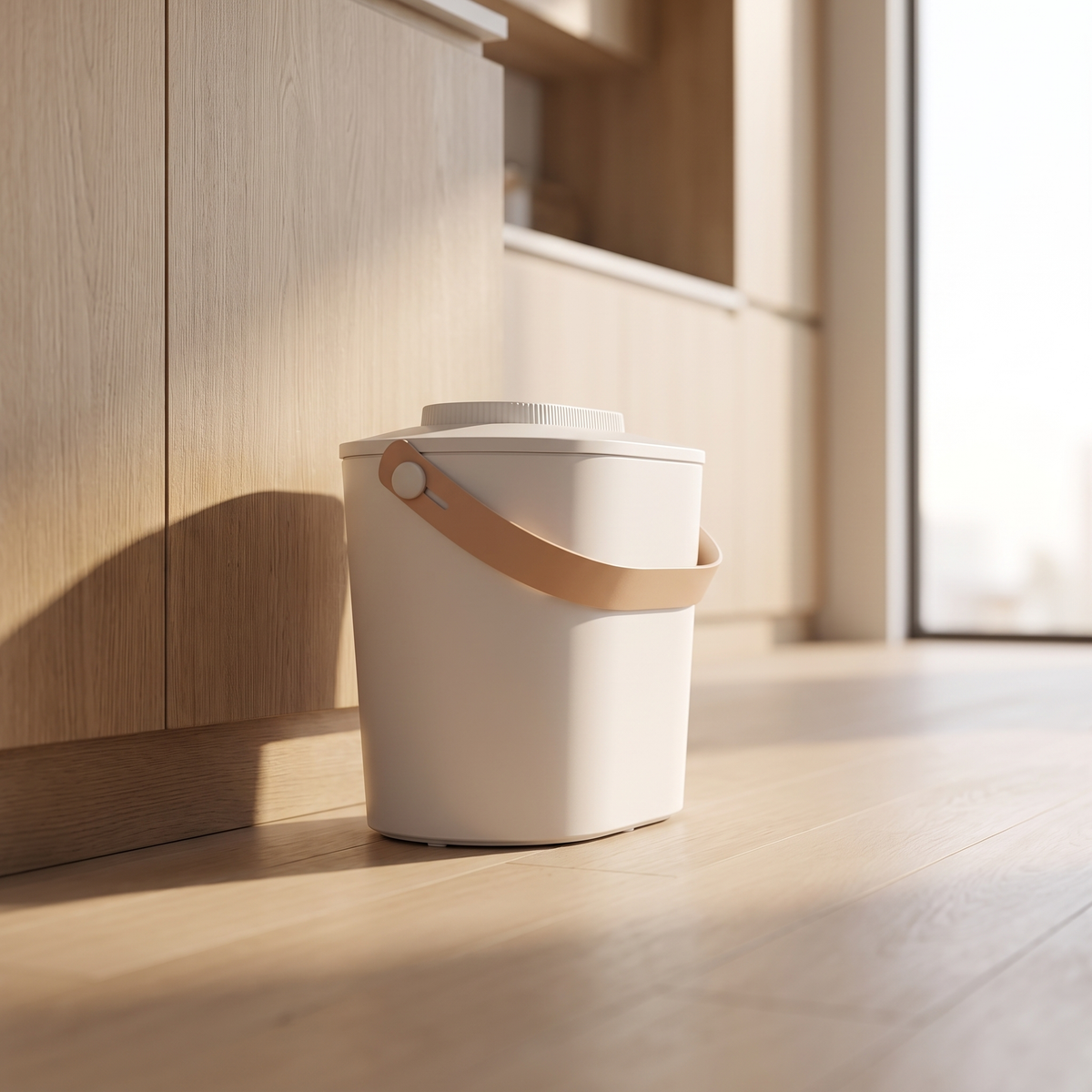 Dispensa Food Canister beside an oak cabinet in morning light