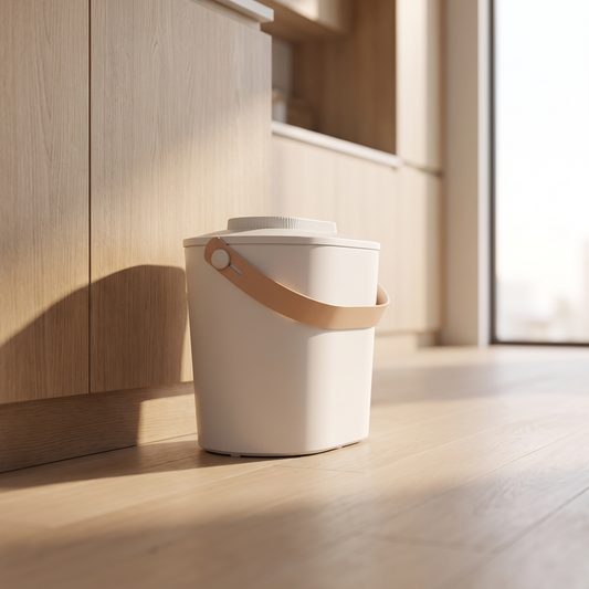 Dispensa Food Canister beside an oak cabinet in morning light