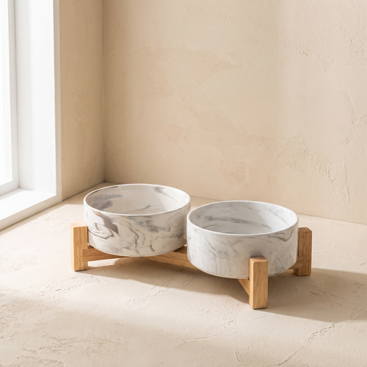 Carrara Pet Bowl Set, two marbled porcelain bowls in a low wood stand