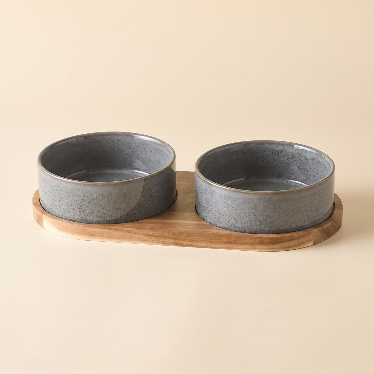 Riva Bowl, Double configuration in the Slate reactive glaze, two ceramic bowls in a solid wood tray