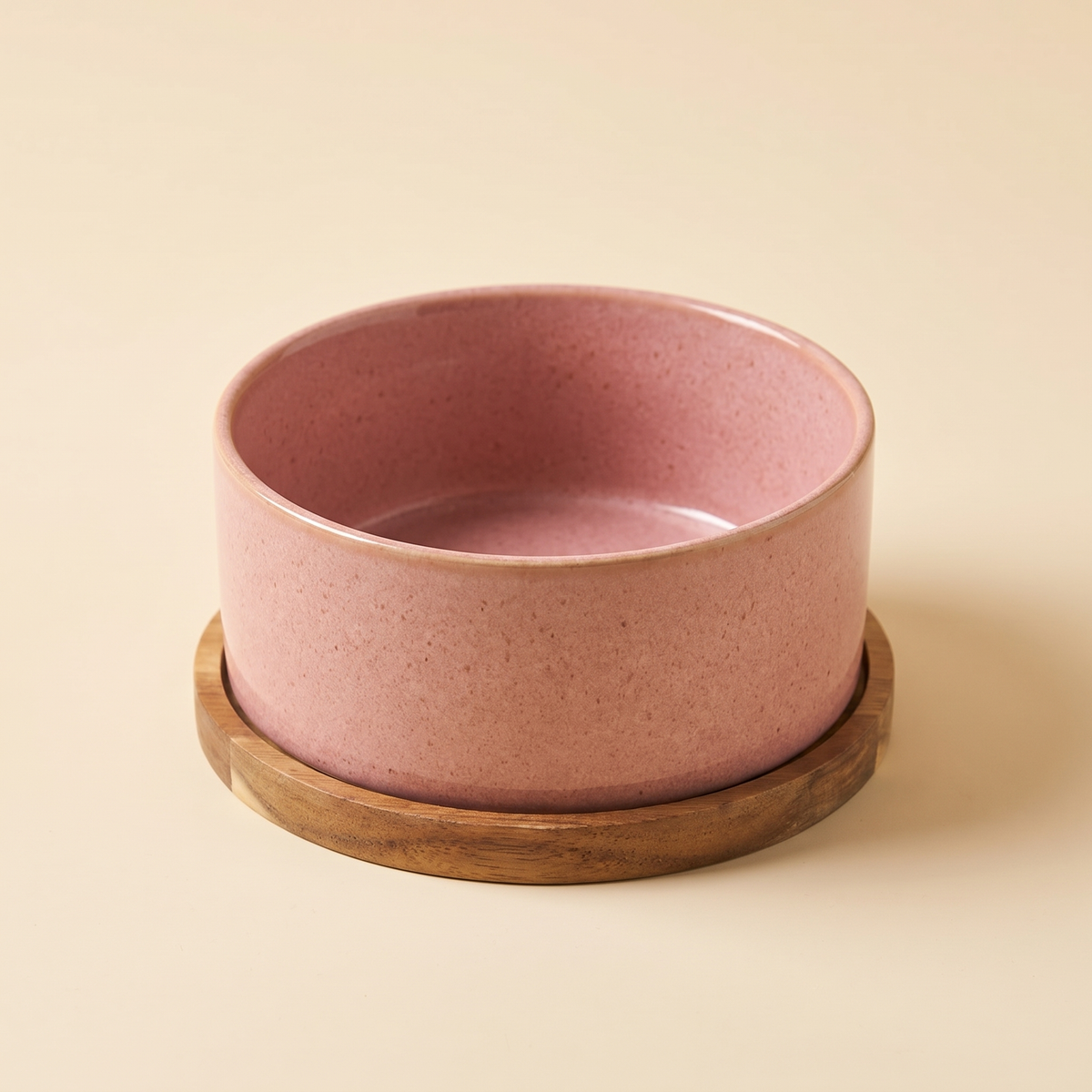 Riva Bowl, Single configuration in the Rose reactive glaze on a round solid wood base
