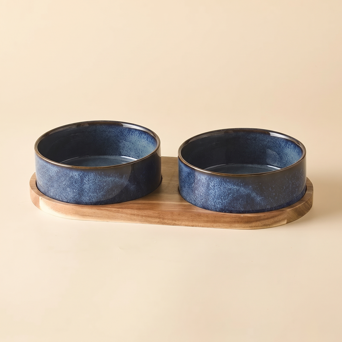Riva Bowl, Double configuration in the Indigo reactive glaze, two ceramic bowls seated in a solid wood tray