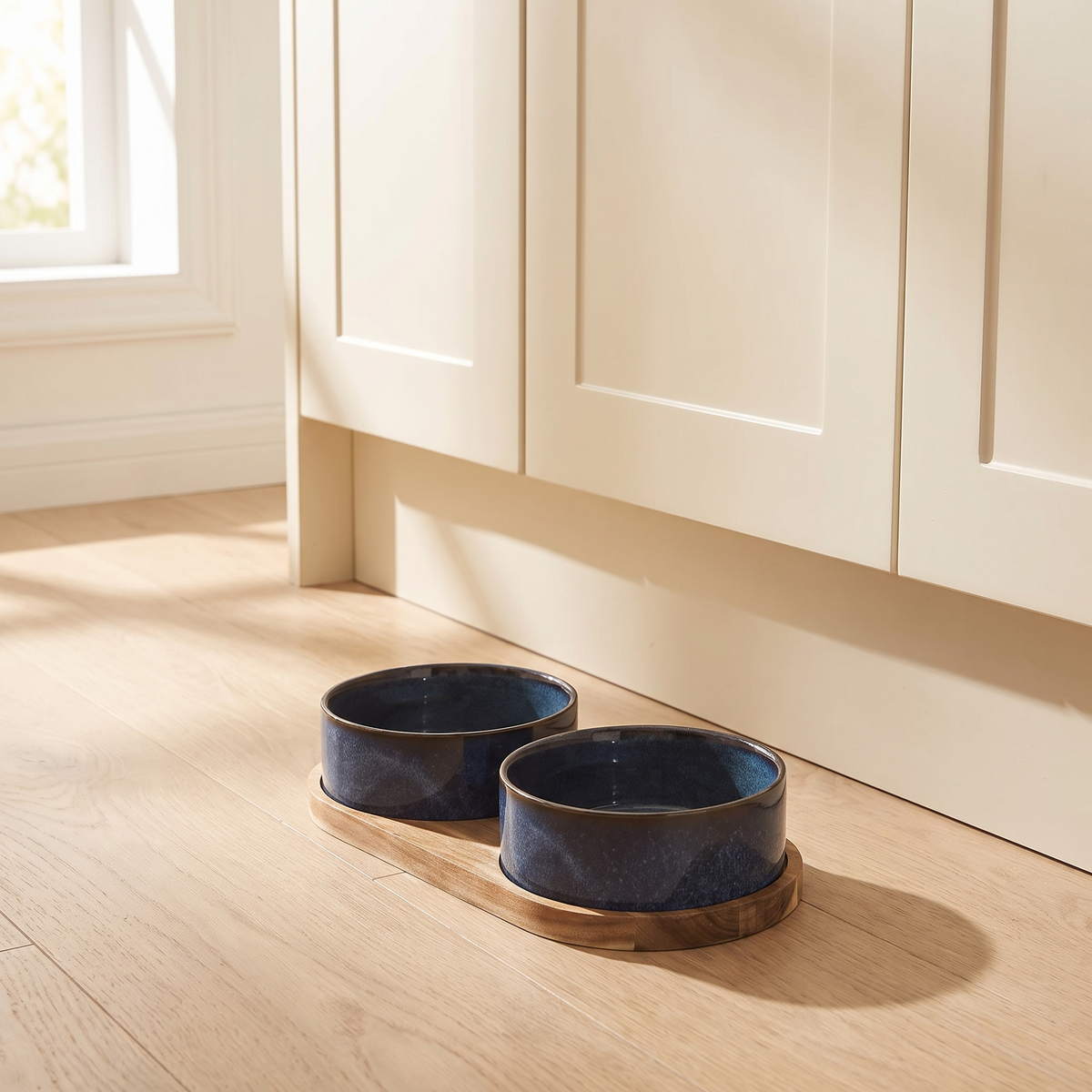Riva Bowl in Indigo on a pale oak kitchen floor beside cream cabinetry in morning light