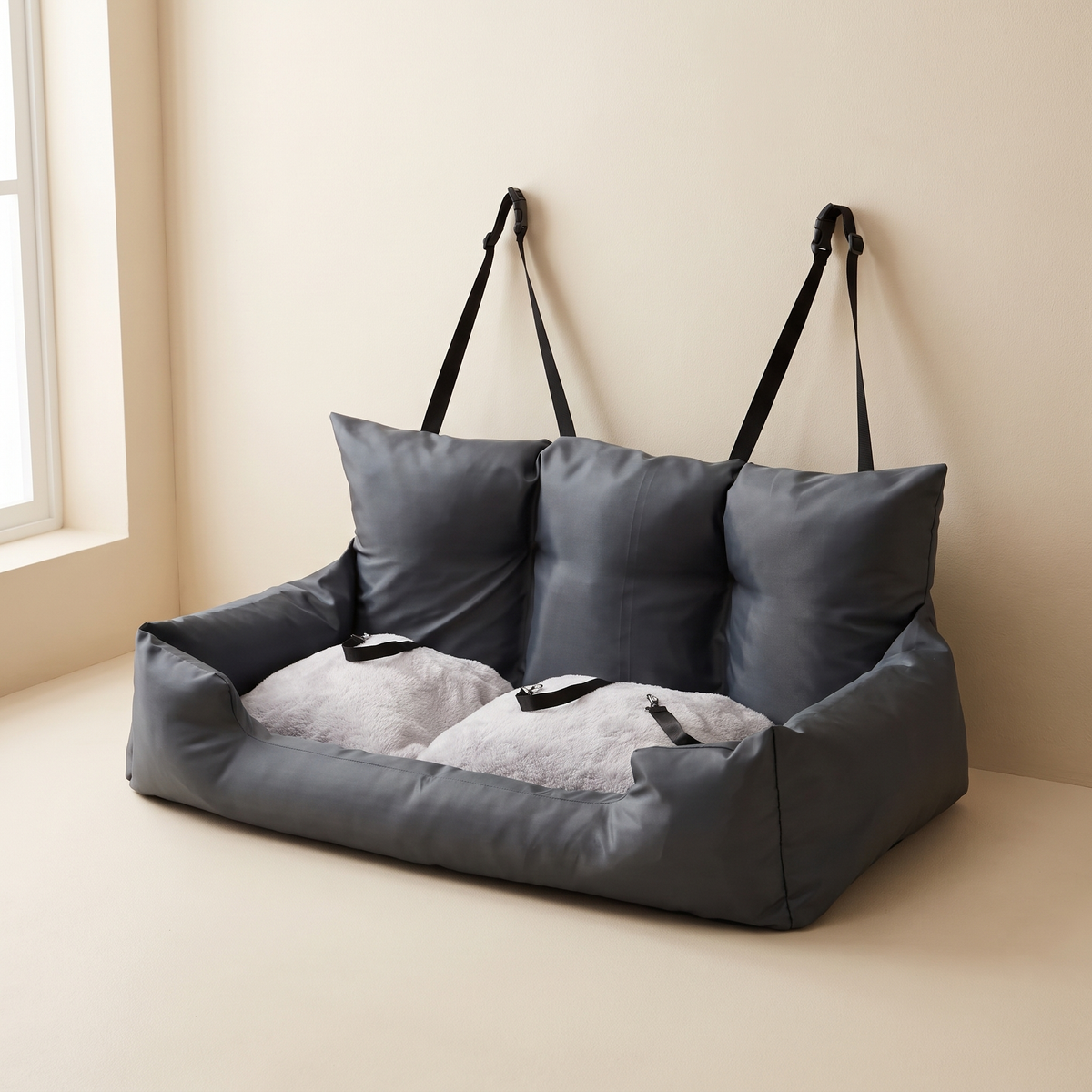 Strada Car Seat in Charcoal Grey, bolstered booster bed with headrest straps