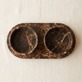 Load image into Gallery viewer, Castaño set from above: two round marble bowls seated in the oval tray
