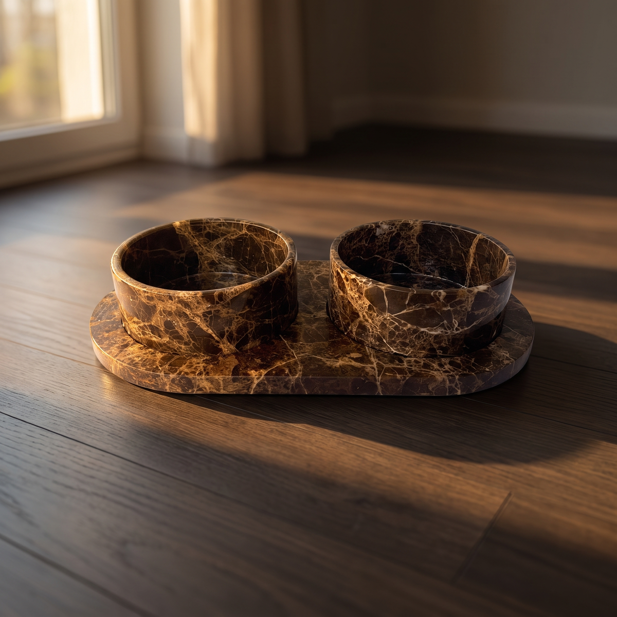 The Castaño set resting on a dark oak floor in side light