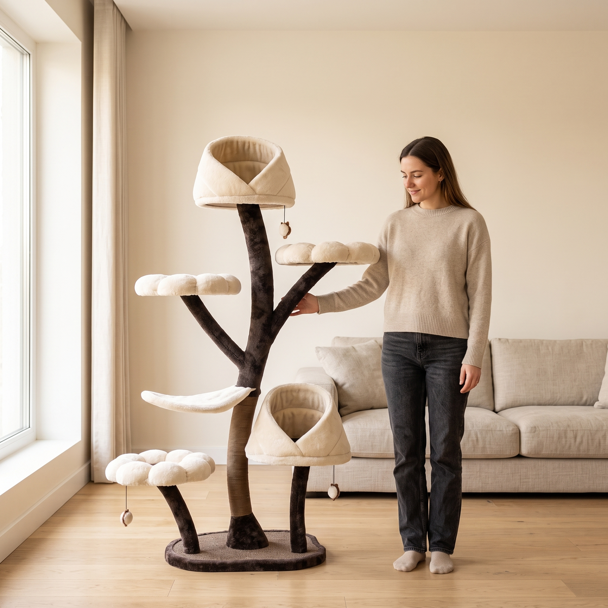 Aura Tree cat tree shown beside a woman for scale in a living room