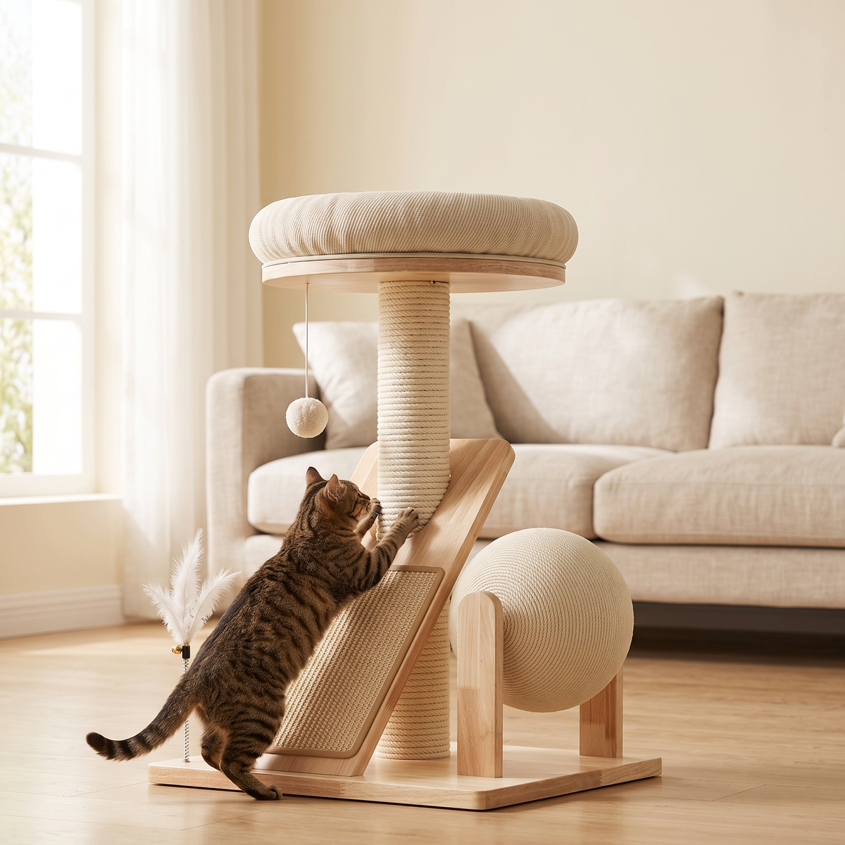 A tabby cat stretching up to scratch the sisal pad of The Studio Cat Tree