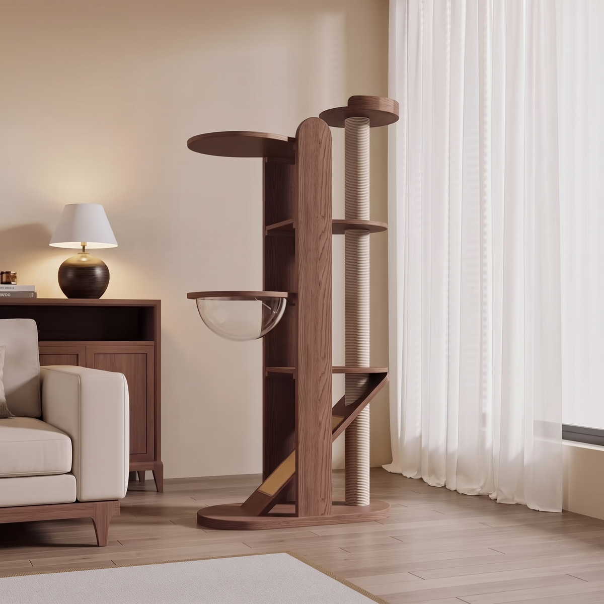 The Monarch Climb in walnut finish, front view in a living room