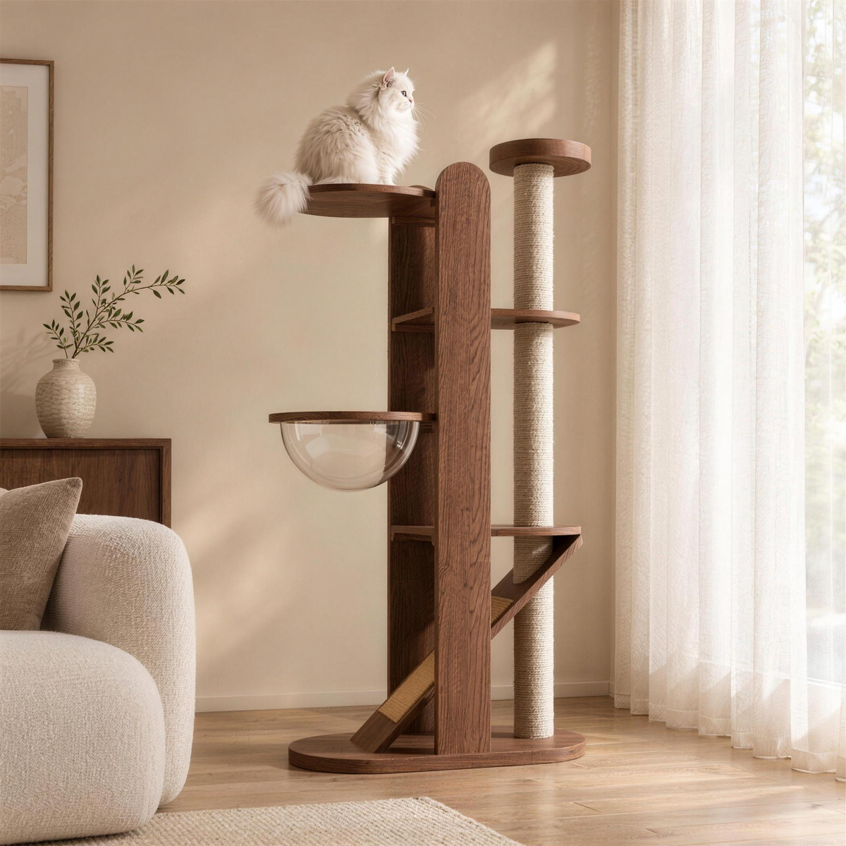 The Monarch Climb in a living room with a white Persian cat on the top perch