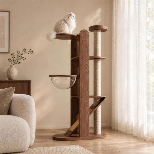The Monarch Climb in a living room with a white Persian cat on the top perch