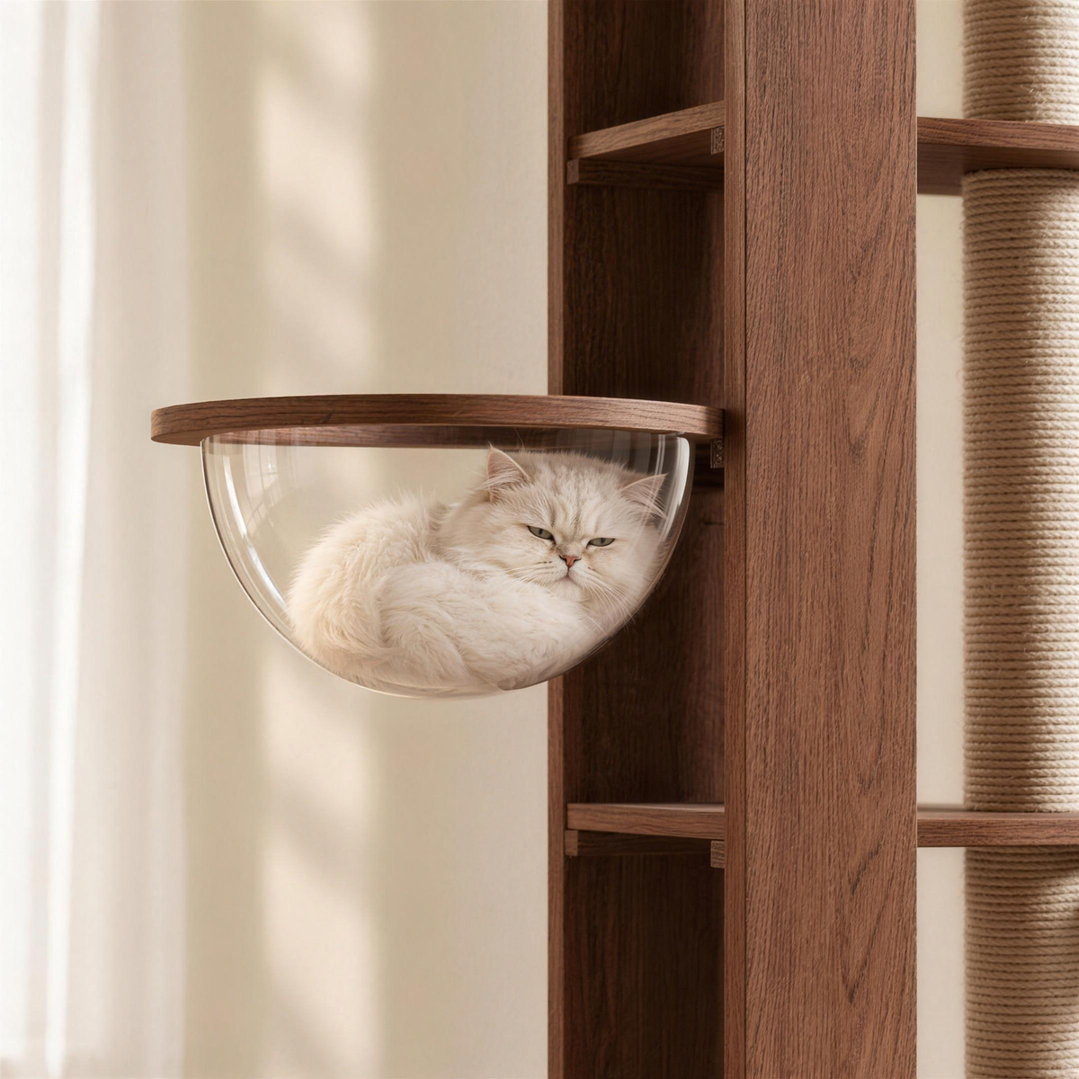 White Persian cat resting in the clear pod of the Monarch Climb
