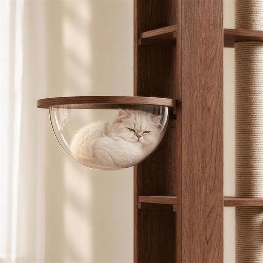 White Persian cat resting in the clear pod of the Monarch Climb