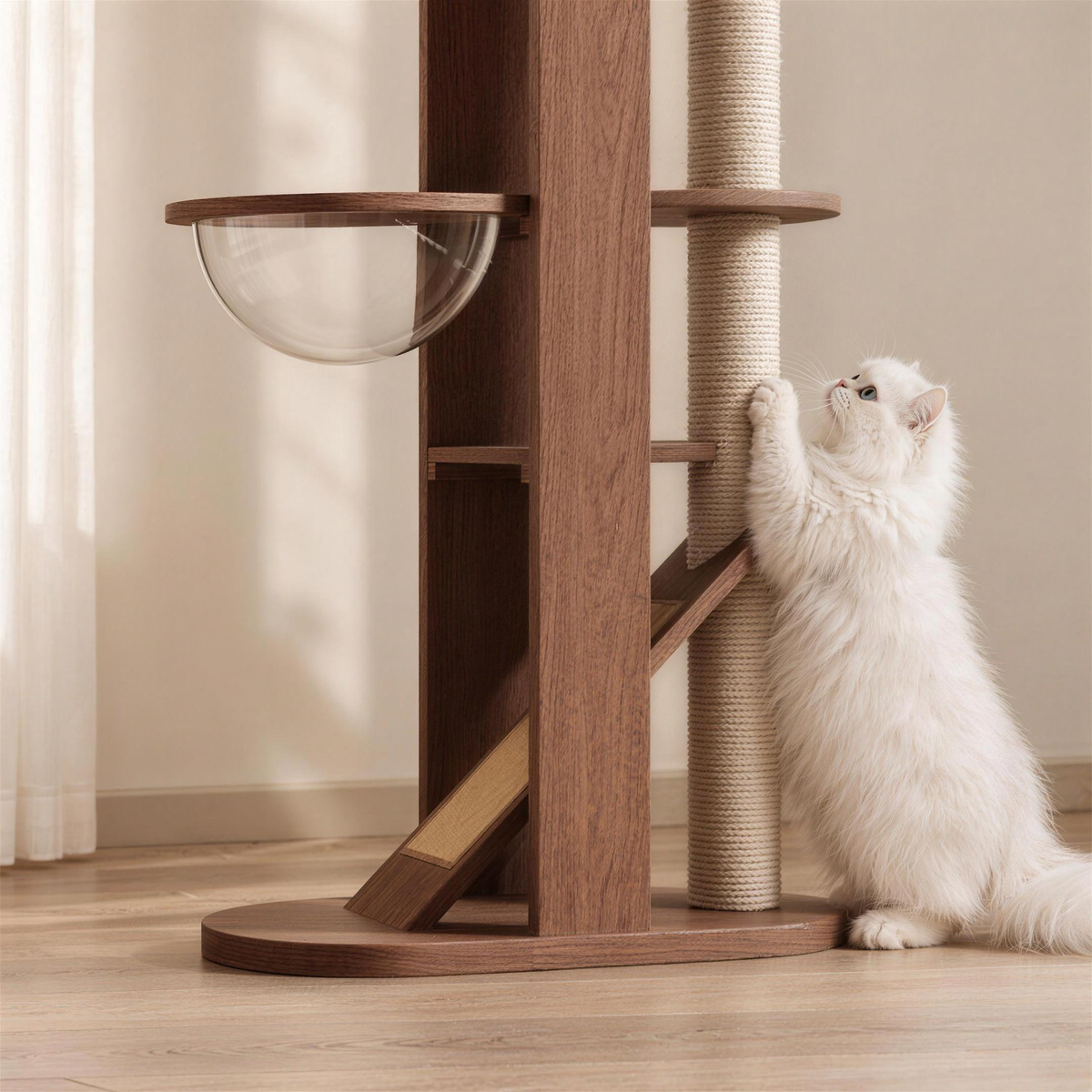 White Persian cat stretching up the sisal post of the Monarch Climb