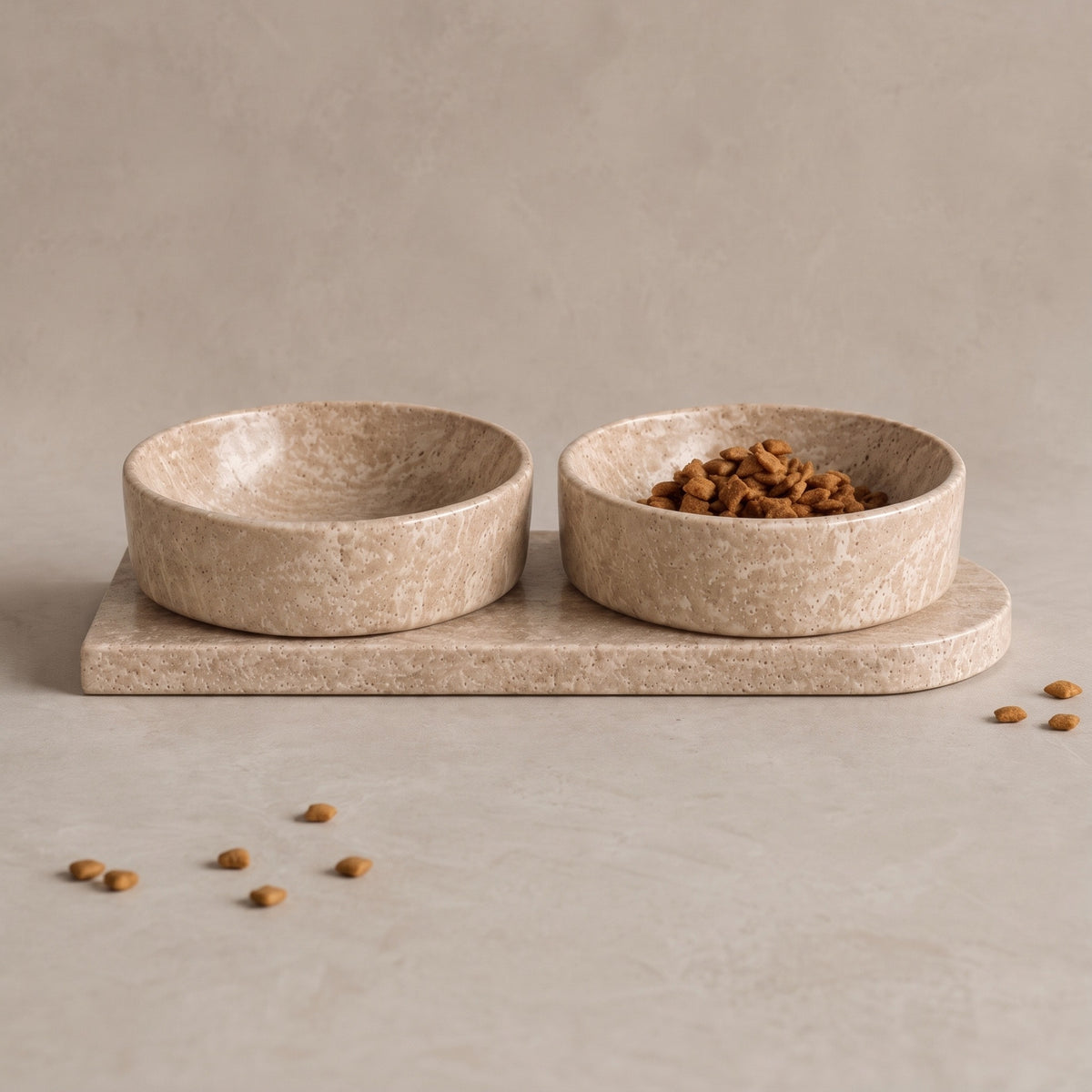 Travertine pet bowl set: two natural travertine bowls seated in a single stone base plate